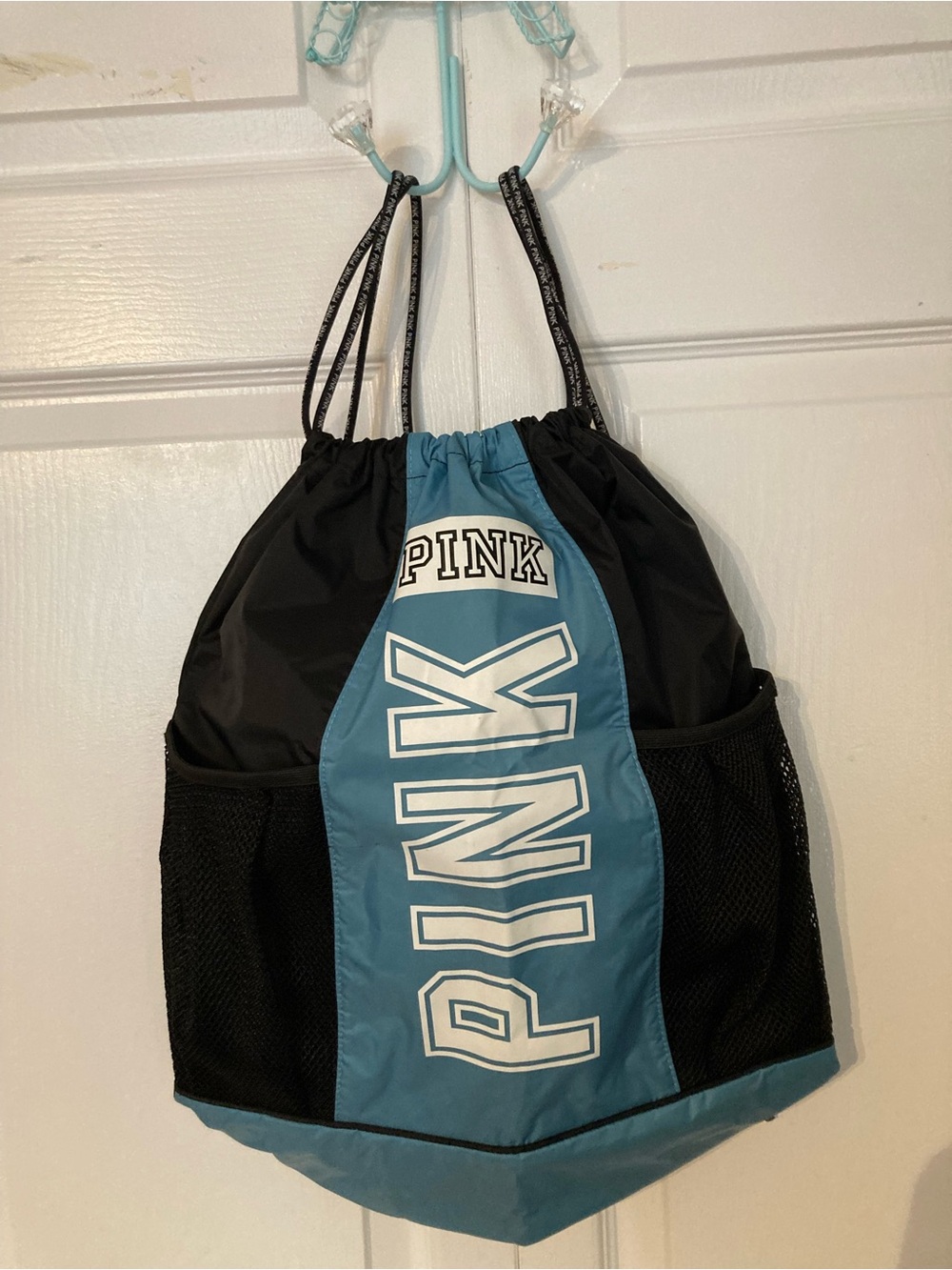 Victoria's Secret PINK Black and Teal Drawstring Backpack